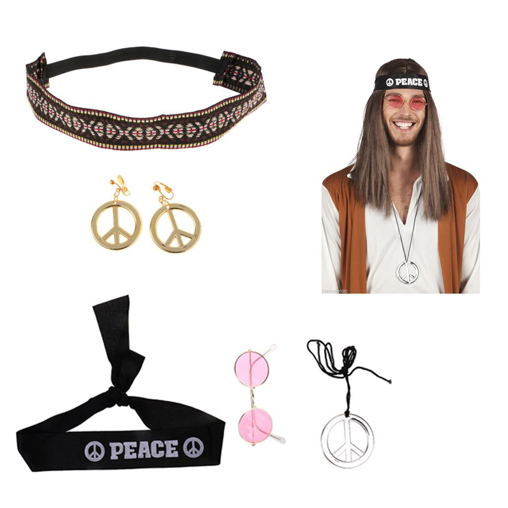 Herdear Set De 4 Accesorios Hippie Para Mujer – Gafas Redondas Vintage, Diadema Bohemia, Collar Y Pendientes De Plumas Para Fiestas De Los 60 Y 70