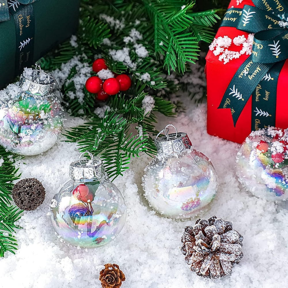 12pcs Christmas Iridescent Ornaments Ball 2.4inch Clear Christmas Balls Fillable Mini Ornaments for Crafts Holiday Party Xmas Tree Decorations Home