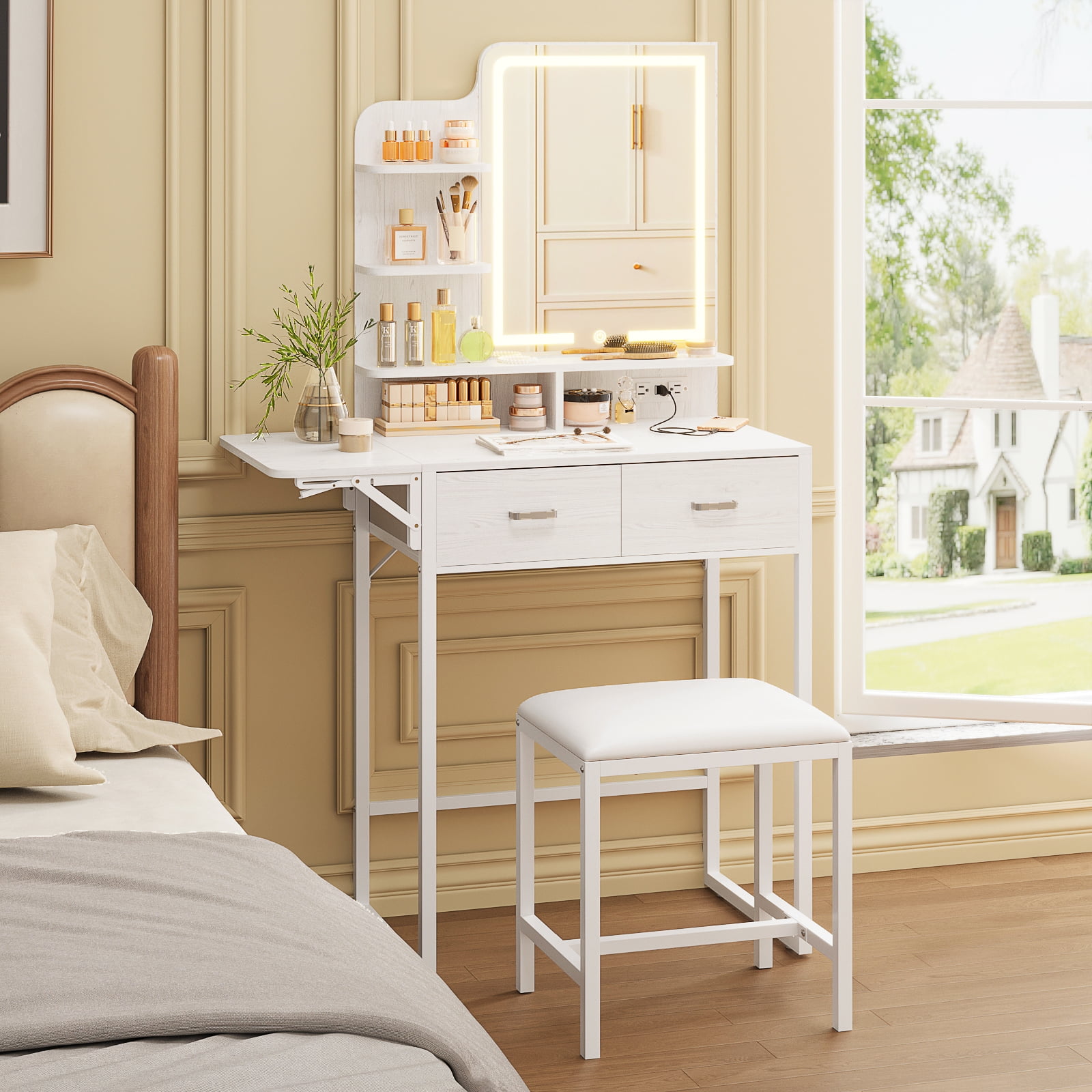 Tomnk White Vanity Desk with Mirror, LED Lights, Storage Shelves, Drawers & Chair