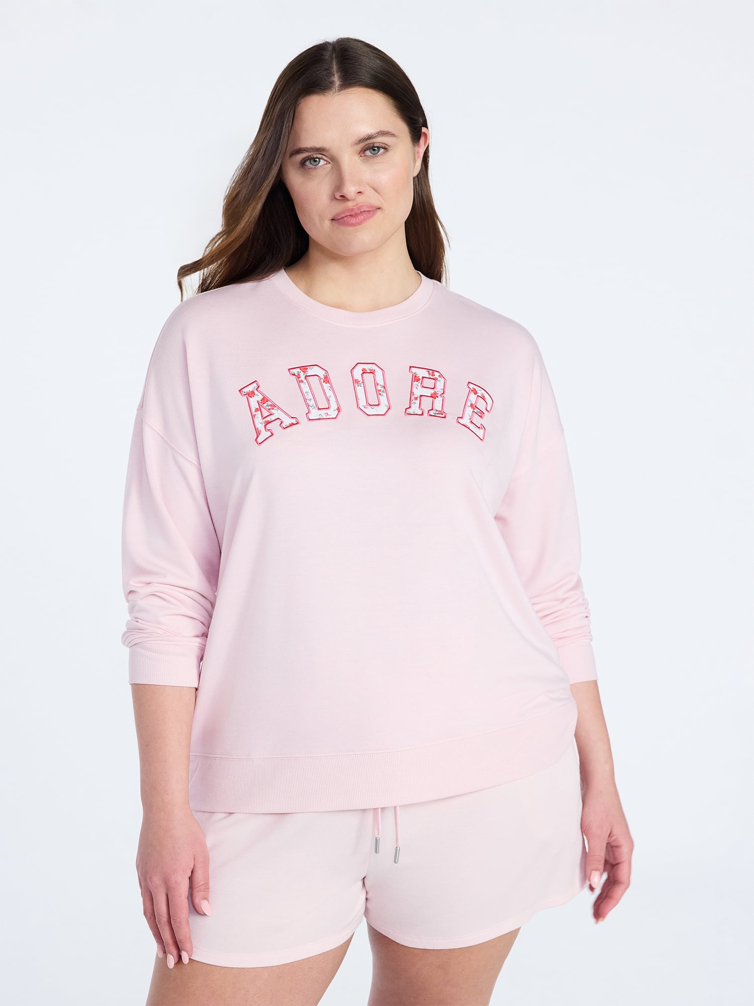 Joyspun Women's French Terry Knit Long Sleeve Lounge Sleep Top, Sizes XS-3X