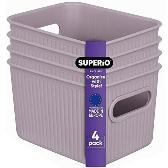 Superio Small Ribbed Plastic Storage Basket Organizer (4 Pack), Mini Stackable Closet Storage Bin for Home, Shelf, Desk, Pantry Toys, Clothes, Cosmetics, Stationary (Lilac, 1.5 Liter)