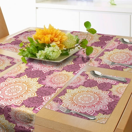 

Mandala Table Runner & Placemats Sun Look Floral Pattern with Modernistic Design Medallion Ornament Set for Dining Table Decor Placemat 4 pcs + Runner 14 x90 Pink and Multicolor by Ambesonne