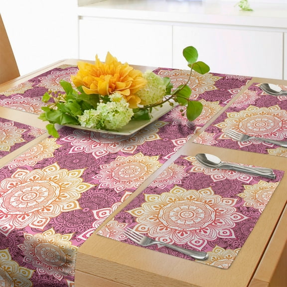 Ambesonne Mandala Table Runner & Placemats, Medallion Sun, Placemat 4 pcs Runner 12"x72", Pink and Multicolor