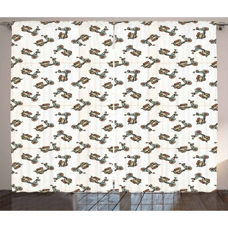 Motorcycle Curtains 2 Panels Set, Retro Style Hand Drawn Deep Deck Scooters Leather Seat, Window Drapes for Living Room Bedroom, 108W X 63L Inches, Almond Green Pale Caramel Peach, by Ambesonne