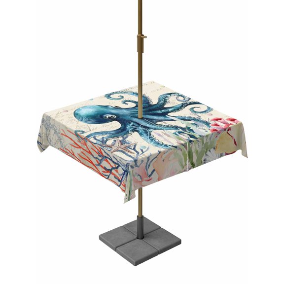 Outdoor Tablecloth with Umbrella Hole and Zipper, Coastal Nautical Octopus Square Table Cloth 54x54 Inch Waterproof Tablecloth, Oceans Corals Jellyfish Starfish Picnic Table Cover for Patio Camping