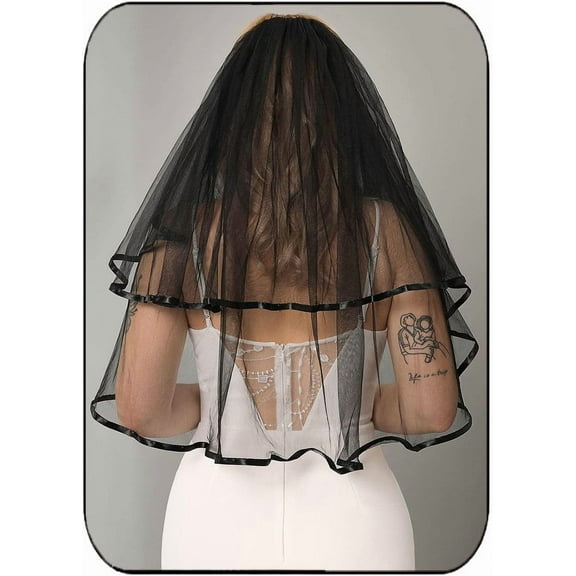 CoCoMangos Black Bride Wedding Veil Short 2 Tiers Waist Length Bridal Tulle Halloween Veil Hair Accessories with Comb and Ribbon Edge