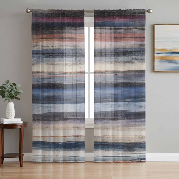 Blue Grey Striped Sheer Curtains 84 Inch Length 2 Panels Set, Abstract Vintage Watercolor Geometric Voile Window Treatment Rod Pocket Curtains Sheers Drapes for Bedroom/Living Room/Kitchen 52"x84"x2