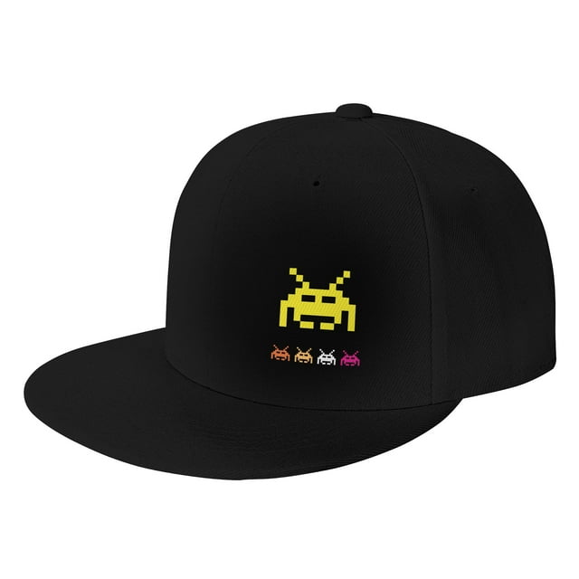 DouZhe Flat Brim Cap Snapback Hat, UFO Invader Alien Space Game Prints Adjustable Black Adult Baseball Cap