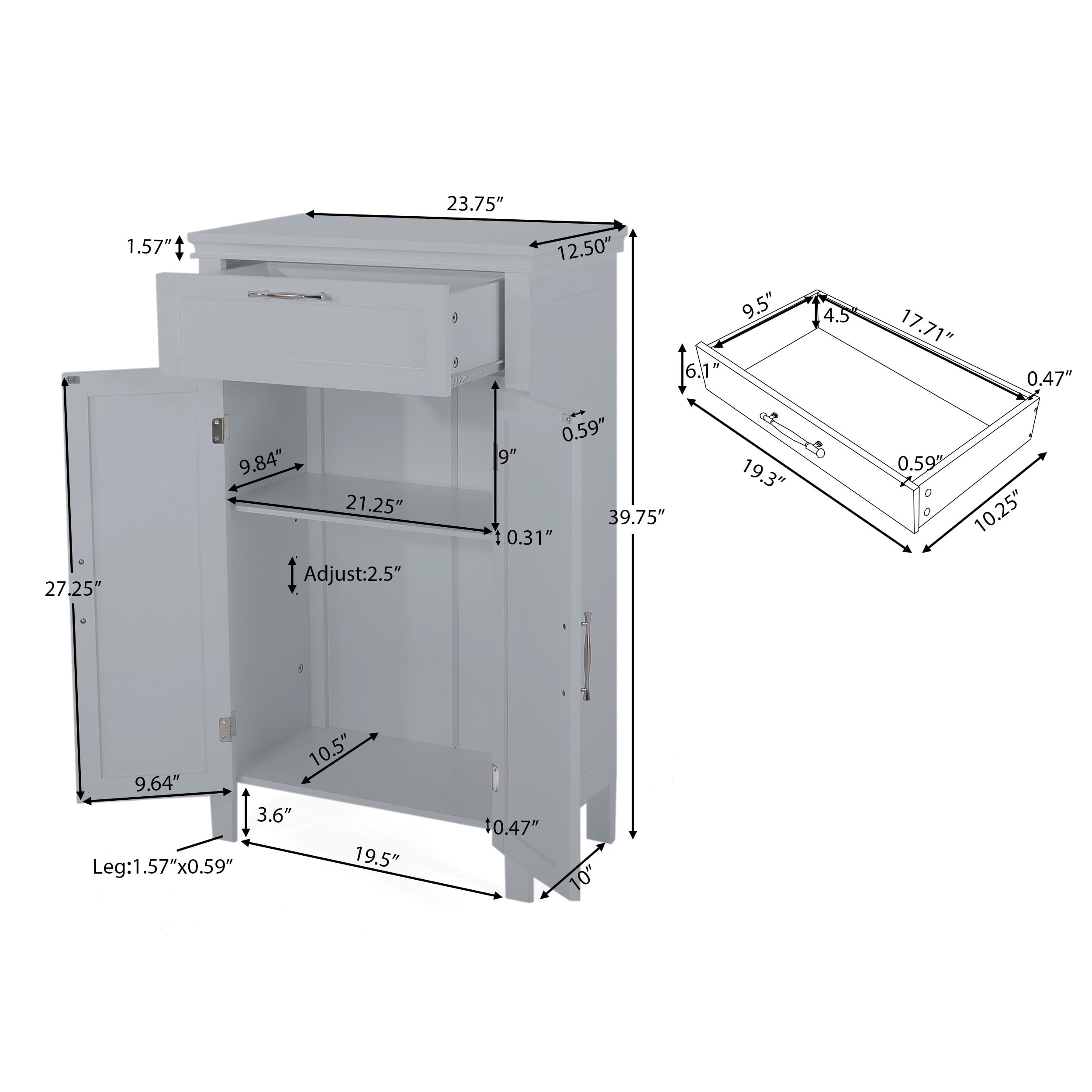 Noble House Tracey 2 Door Bathroom Floor Storage Cabinet with Drawer, Gray