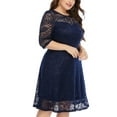 thumbnail image 4 of QUYUON Women’s Plus Size Cocktail Dress Vintage Floral Lace Round Neck Mesh 3/4 Sleeve Summer Midi Dresses Elegant Formal Evening Party A-Line Dress Style Wedding Guest Sun Dress Navy 4X-Large, 4 of 7