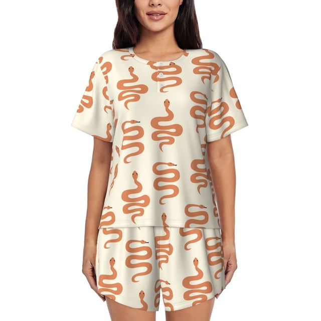 Xecao Hand Drawn Snake Pattern Women's Short Sleeve Pajama Set Soft Sleepwear Lounge Set with Button Front Top and Drawstring Shorts with Pockets-Small