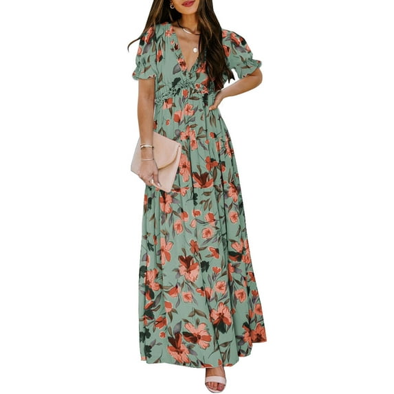 Asyoly Womens Dresses Casual Boho Floral Printed Deep V Neck Maxi Dress Short Sleeve Loose Sundress Evening Party Dress