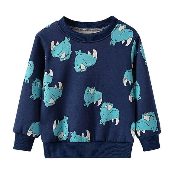 Odeerbi Toddler Boys Fleece Lined Sweatshirt Winter Thermal Crewneck Sweatshirts 2-12 Years Children's Cartoon Pattern Print Cotton Shirt Long Sleeve T-shirt Round Neck Top Navy
