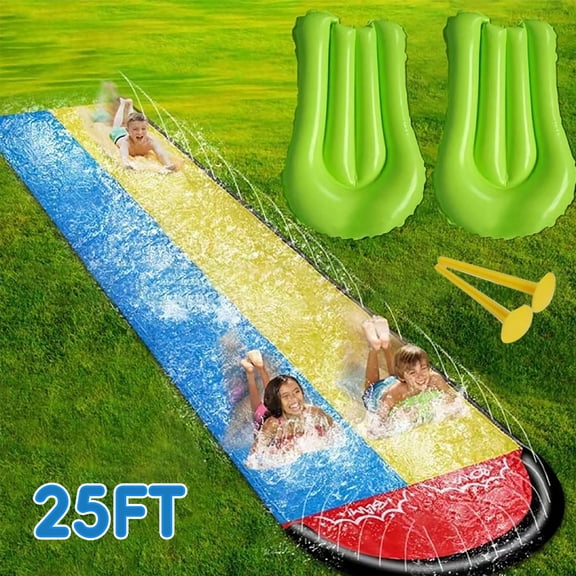 KOPPOP 25ft Double Inflatable Water Slide for Kids & Adults, Heavy Duty Backyard Slip with Sprinkler, 2 Boards - Summer Outdoor Play