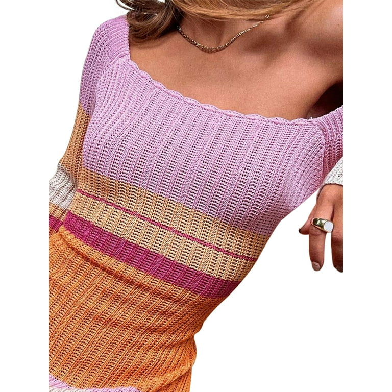 Women Striped Crochet Knitted Maxi Dress Long Sleeve Squar Collar Hollow  Out See-Through Beach Long Dress