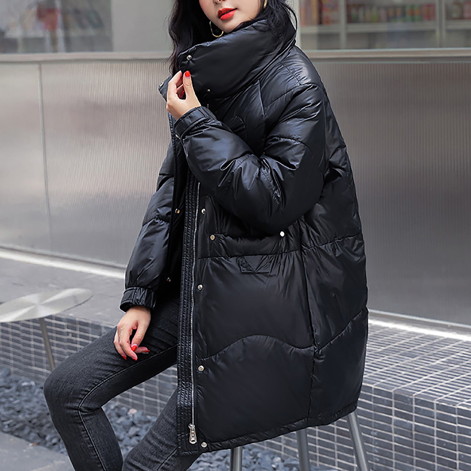 Black puffer jacket women's long best sale