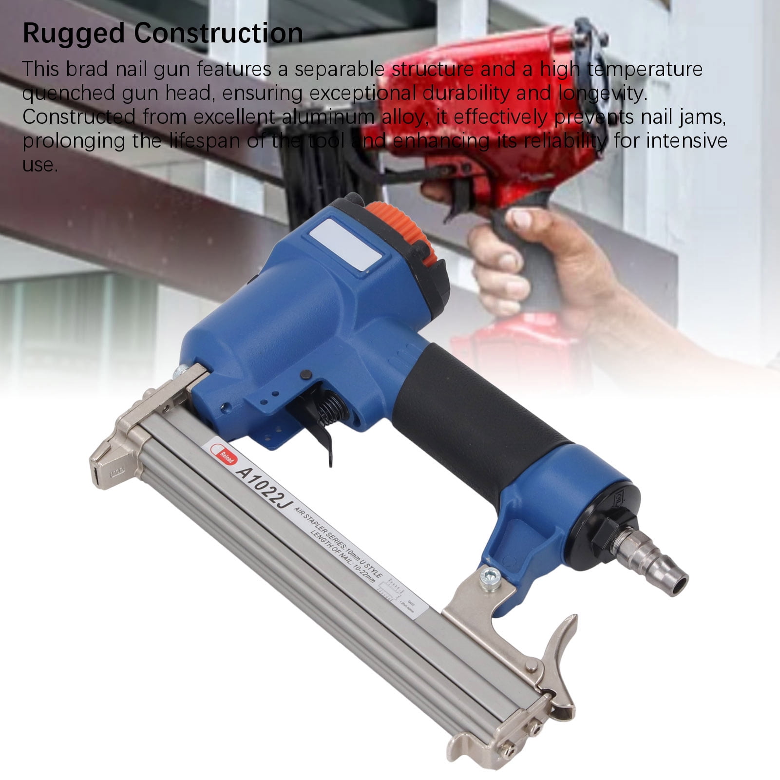 BIMZUC Pneumatic Brad Nailer A1022J Ergonomic 10-22mm Air Nail Gun 100pcs Capacity for Woodworking Upholstery DIY 9.45 inches / 24 cm