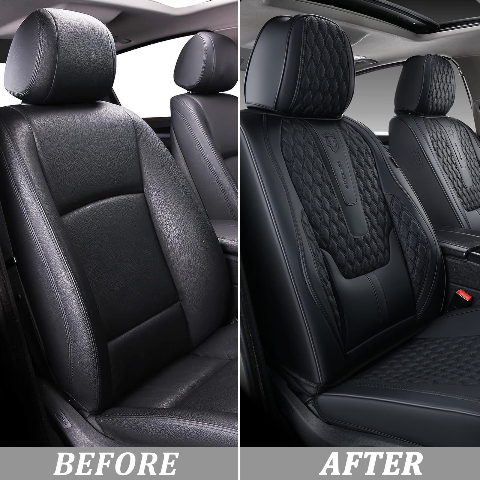 Coverado Black Car Seat Covers Front, Waterproof Faux Leather Auto Seat Protectors with Lumbar Support, Luxury Automotive Interior Accessories Universal Fit Most Cars SUV Trucks