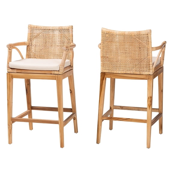 bali & pari Storsel Natural Rattan and Teak Wood 2-Piece Counter Stool Set
