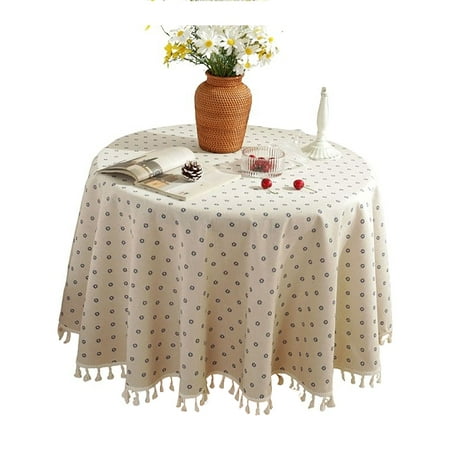 

Round Tablecloth Wrinkle Free Daisy Print Tablecloth With Tassel Washable Polyester Cotton Round Table Cover For Living Room cafe party picnic-Blue-150CM
