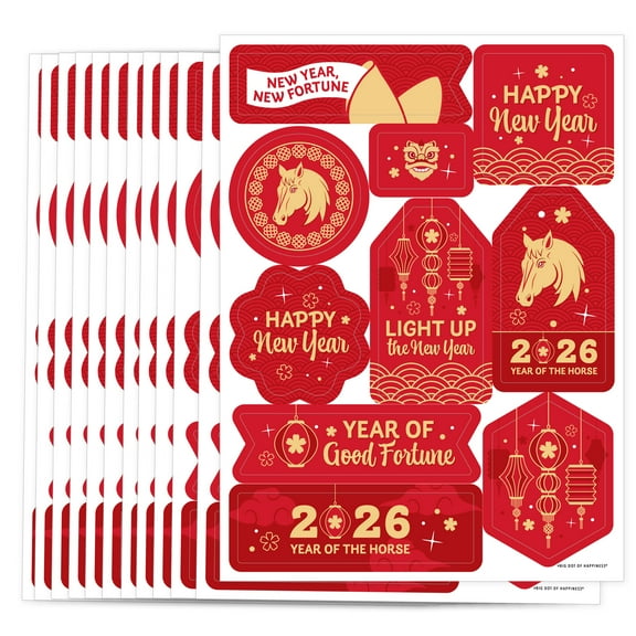 Big Dot of Happiness Lunar New Year - 2026 Year of the Horse Party Favor Sticker Set - 12 Sheets - 120 Stickers