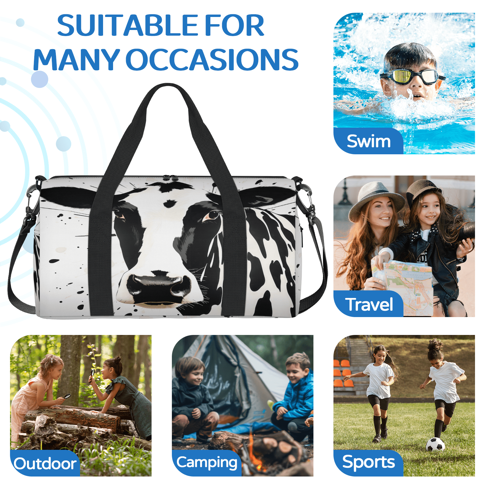 Herdesigns Black Cow Print Travel Duffle Bag Sports Yoga Weekender Overnight Carry on Workout Bags Lightweight Waterproof Gym Tote Bag for Women