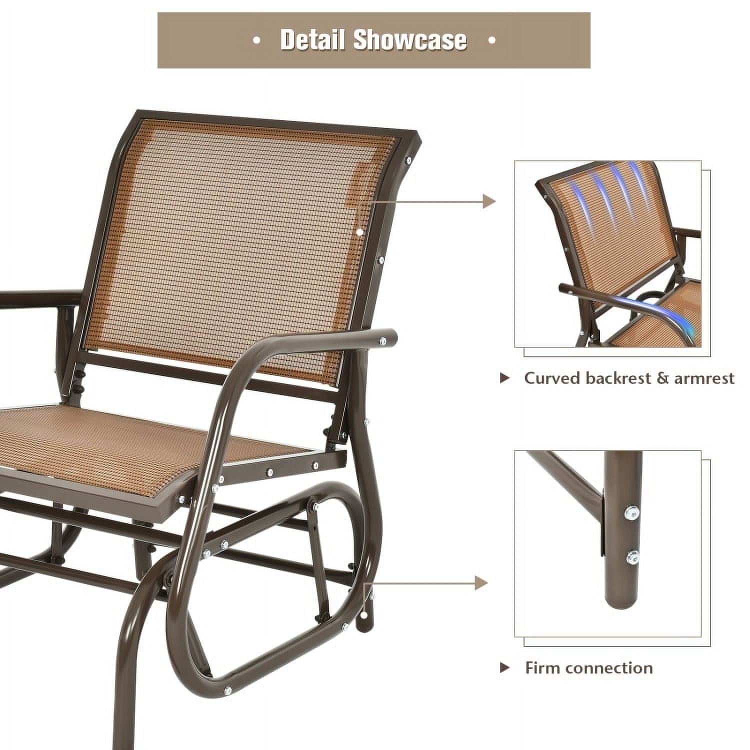 Spaco Outdoor Single Swing Glider Rocking Chair with Armrest-Brown, Outdoor Glider Rocking Chair Cushion Lawn for Porch,Backyard,Indoor and Garden, Brown