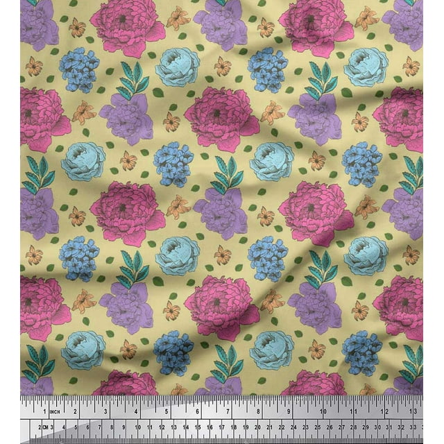 Soimoi polyester Crepe Fabric Leaves,Periwinkle & Peony Floral Decor Fabric Printed Yard 52 Inch Wide