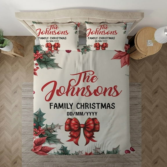 Personalized Christmas Bedding Set - Custom Family Name & Date Duvet Cover with Pillowcases - Holiday Decor for Bedroom