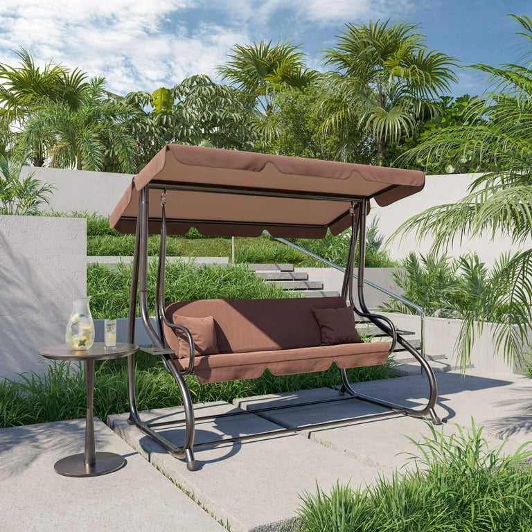 BELLEZE Porch Swing Bed Cushioned Adjustable UV Resistant Sunlight Protection Backrest Soft Polyester FlatBed Dark Brown