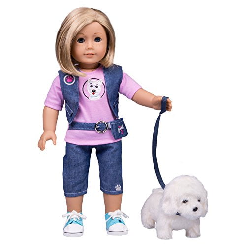 Traje de muñeca paseadora de perros para niña estadounidense y muñecas de 18 "(juego de 7 piezas) - Incluye camiseta, chaleco, pantalones, cinturón, zapatos, perro y correa Dress Along Dolly 607467366665