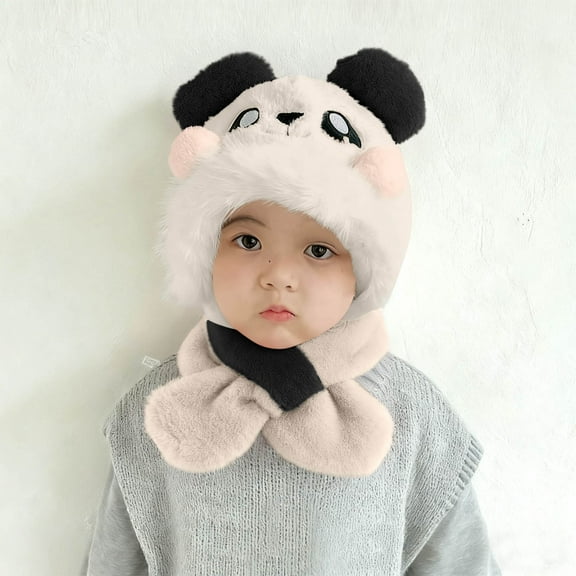 Sunvit-Panties Warm Plush White Panda 2-in-1 Hat with Scarf for Unisex Kids Kidss 1-6 Years, Nylon Spandex Winter Cold Weather Accessory with Ear Flaps,Size 1 T