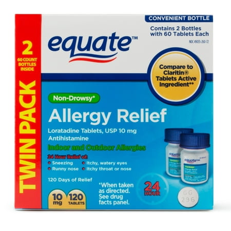 Equate Non-Drowsy Allergy Relief Loratadine Tablets, 2x60