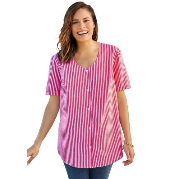 Woman Within Plus Size Seersucker Baseball Shirt