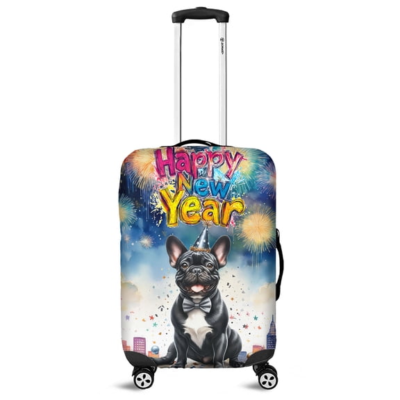 Happy New Year with French Bulldog Fireworks Holiday Xmas Winter 2025 Travel Luggage Cover Dog Lover Gifts Suitcase Dust Protective Decor - 00025