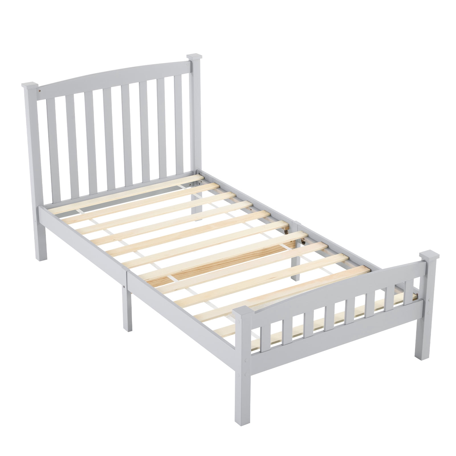 Twin Single-Layer Wooden Bed Vertical Decorative Strips Curved Headboard and Footboard Bed Frame Painted Pine Bed Frame, 79.33*42.52*38.98in Grey