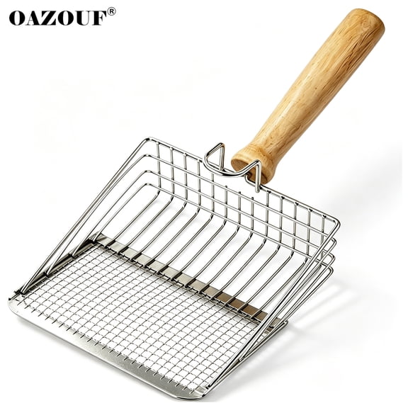 Cat Litter Scoop, Wooden Handle, Metal Shovel, 2 Sizes of Holes for Clumping Cat Litter, Silver