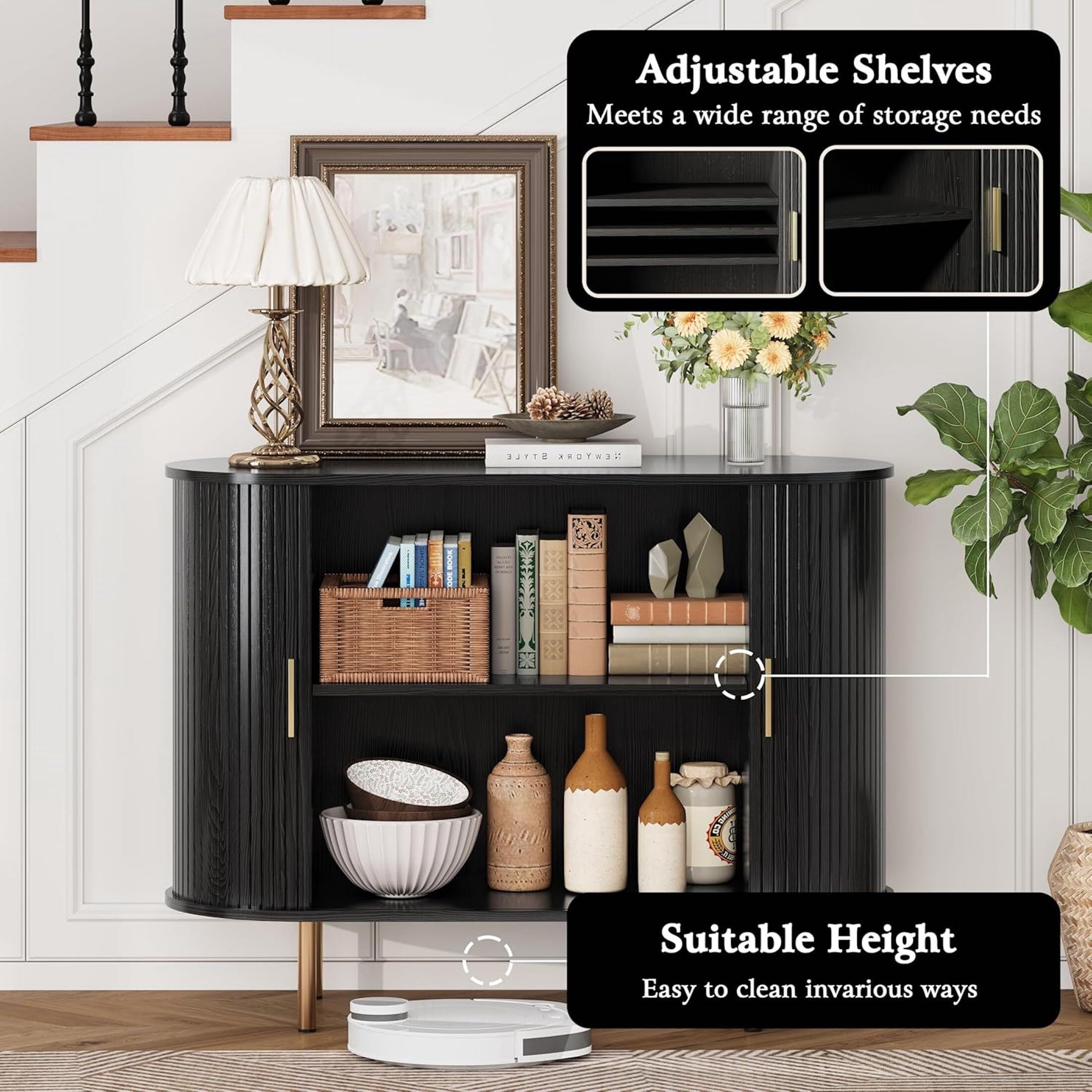 Aisword Sideboard Buffet Cabinet with Storage,Mid Century Modern Fluted Accent Coffee Bar Console Table,Tambour Sliding Doors& Adjustable Shelf for Kitchen, Living Room, Entryway, 40 Inch Black