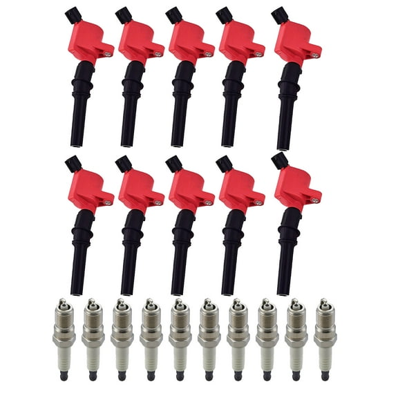 Set of 10 ISA Brand Red Color Ignition Coils and Spark Plugs Compatible with 2012 2013 2014 Ford E250 4.6L V8 Replacement for DG508