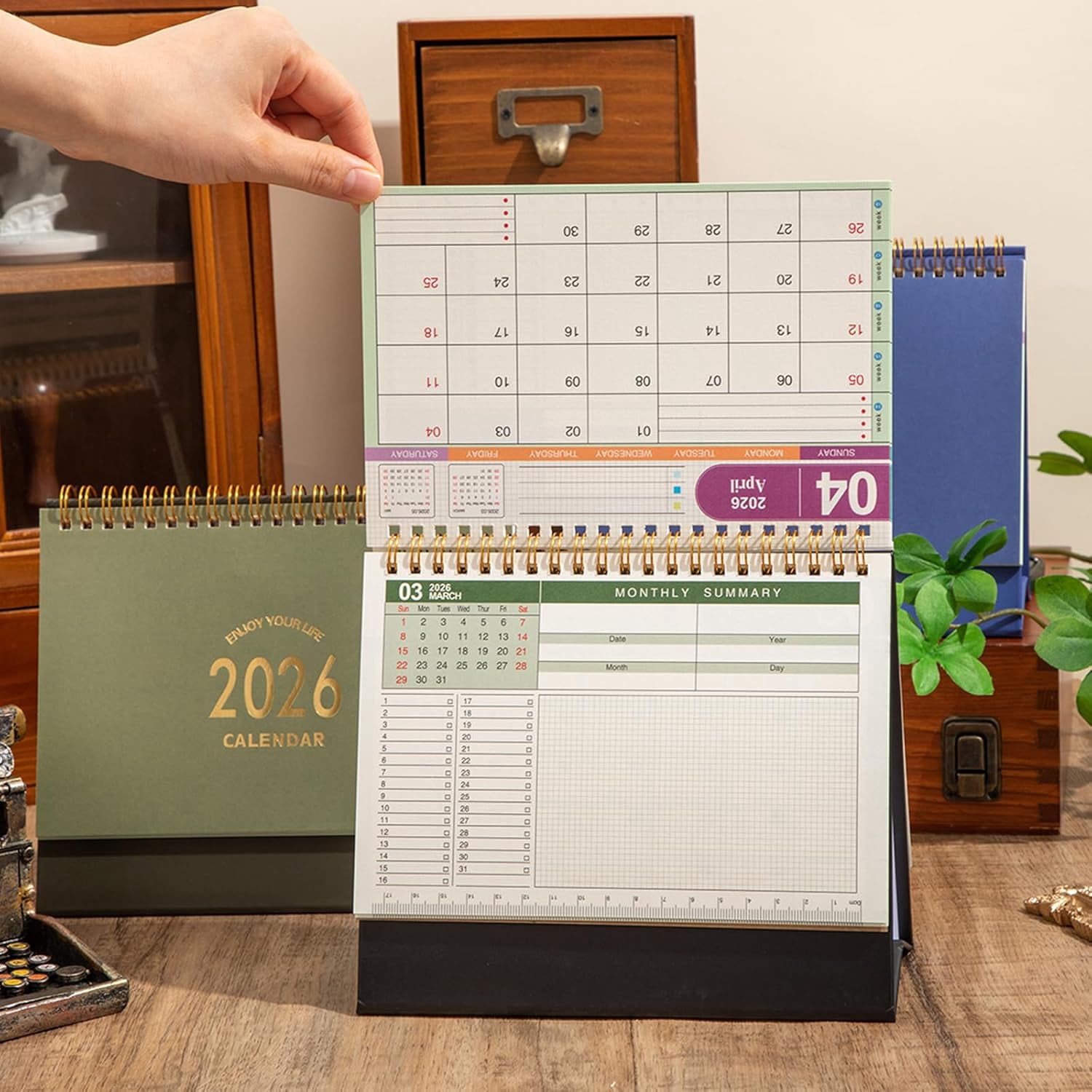 Large Desk Calendar 2026, 9.9" × 8.7" Standing Flip Desktop Calendar from Now to December 2026 - Metal Ring Twin-Wire Binding Monthly Desk Calendar for Home Office School (L-Green)