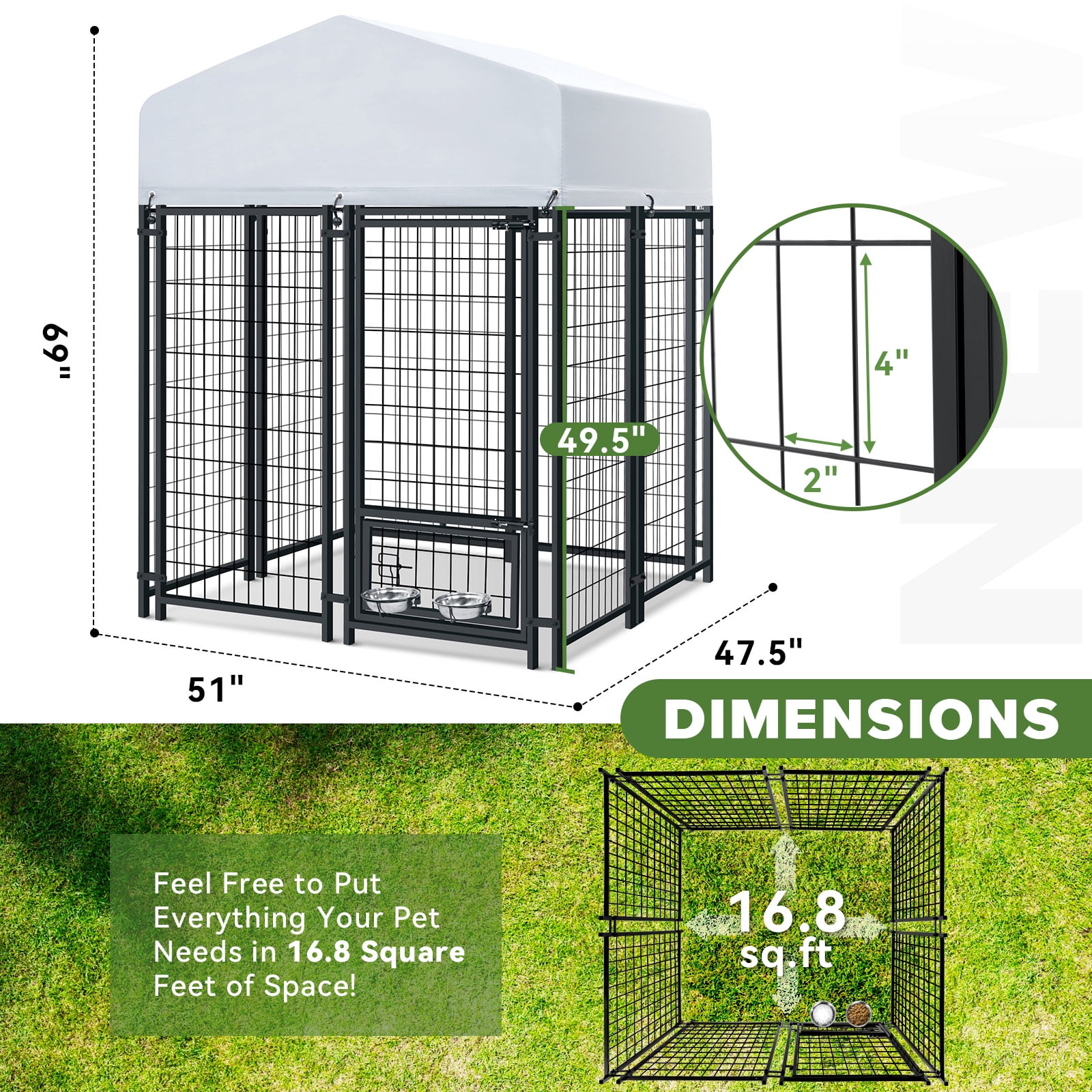 Oranland 4'x 4'x 6' Outdoor Large Dog Kennel, Welded Rectangular Dog Pens Cage with Waterproof Cover, Dog Playpen with 2 Rotating Bowls & Secure Lock for Patio, Garden, Backyard