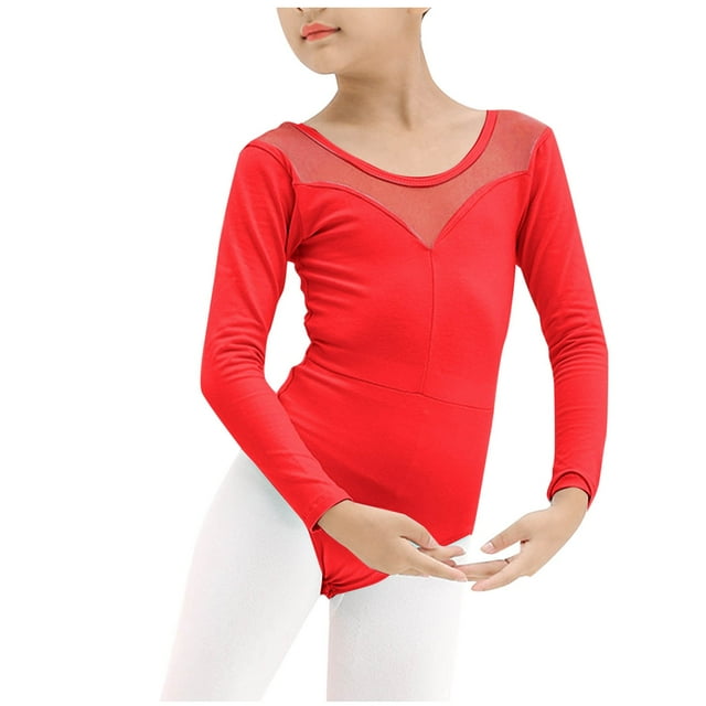 Children's Solid Color Long Sleeved Round Neck Dance Suit Mesh Practice Suit Girls' Jumpsuit
