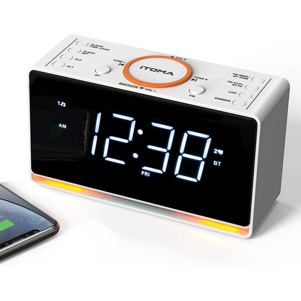 Alarm Clock Radio, 1.4" White LED Display Clock with Bluetooth, FM Radio, Dual Alarm, Sleep