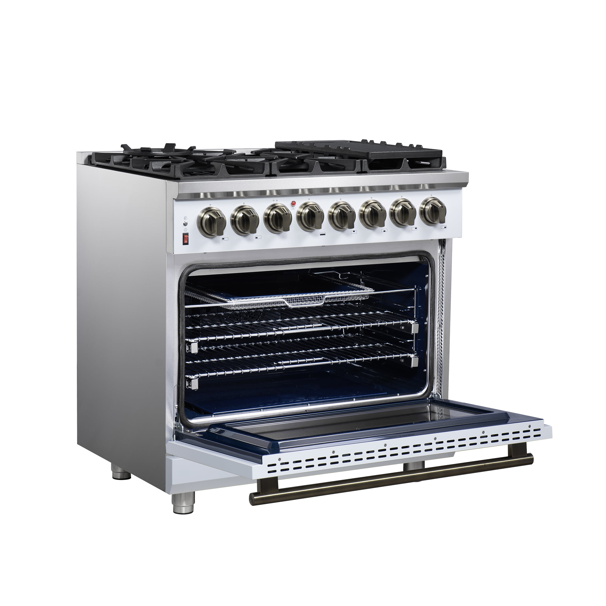 Forno Massimo 36 Inch Freestanding Dual Fuel Range in White with Antique Brass Accessories, 6 Burners, 5.36 cu. ft. Convection Oven