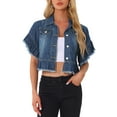 thumbnail image 1 of Blusas de mezclilla INSPIRE CHIC para mujer, con volantes, de manga corta, livianas, con dobladillo peplum, camisa de mezclilla azul oscuro M, 1 of 1