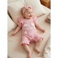 thumbnail image 6 of BemeyourBBs Newborn Baby Girls Little Sister Outfit Waffle Knit Ruffle Romper Little Sis Letter Embroidery 3D Floral Short Sleeve Infant Bodysuit Jumpsuit Headband Cute Baby Girl Summer Clothes, 6 of 9