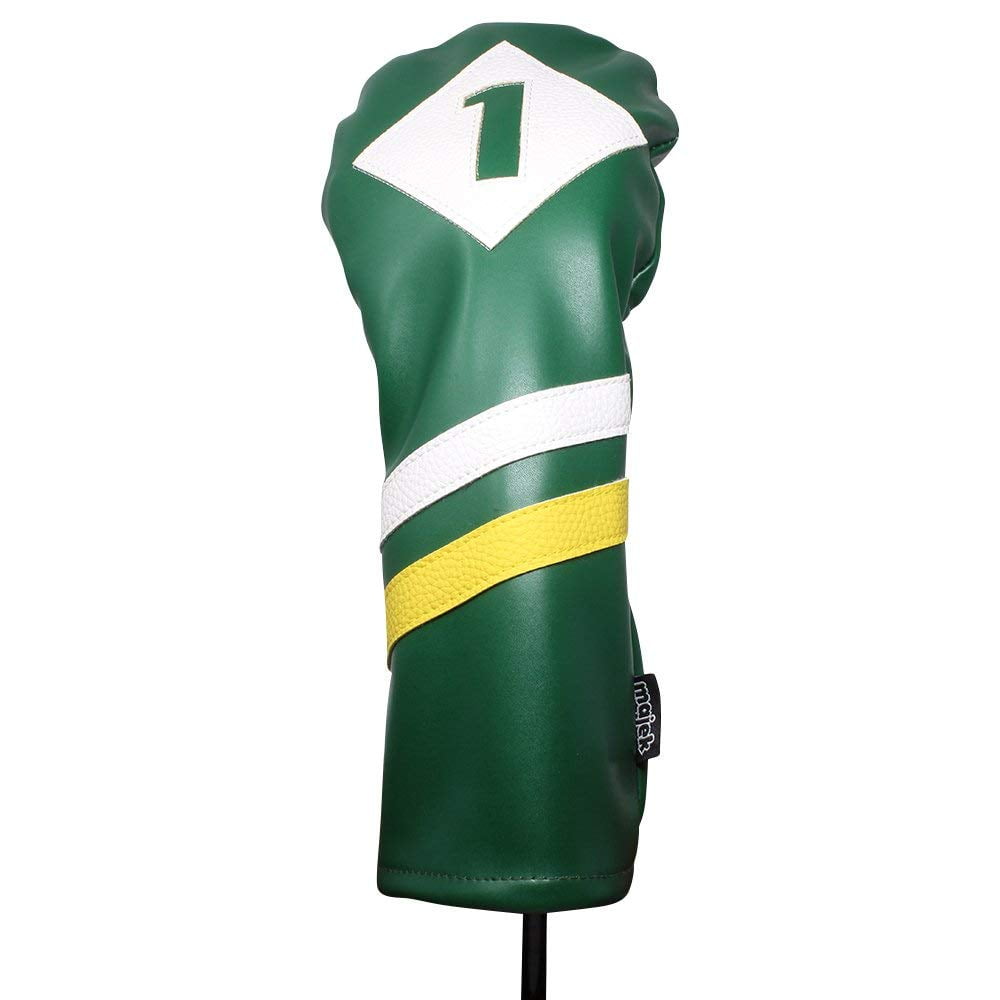 Majek Retro Golf Headcovers Green White and Yellow Vintage Leather Style 1 & 5 Driver Fairway Head Cover Fits 460cc Drivers Classic Look