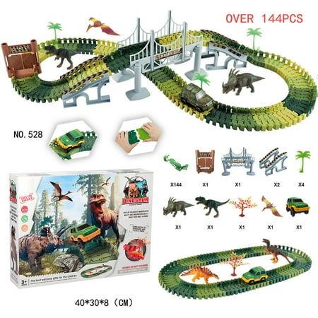 Racing Sound Effects - Simulate Dinosaur Track Racing Car Set Assembly Blocks Sound Light Effect Kids Toy Gift Color:528 Dinosaur Track (144PCS)