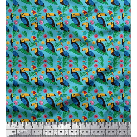 Soimoi Blue Cotton Duck Fabric Birds & Leaves Tropical Print Fabric by the Yard 42 Inch Wide