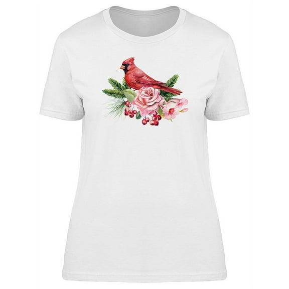 Cardinal With Pink Flowers T-Shirt Women -Image by Shutterstock, Female Medium